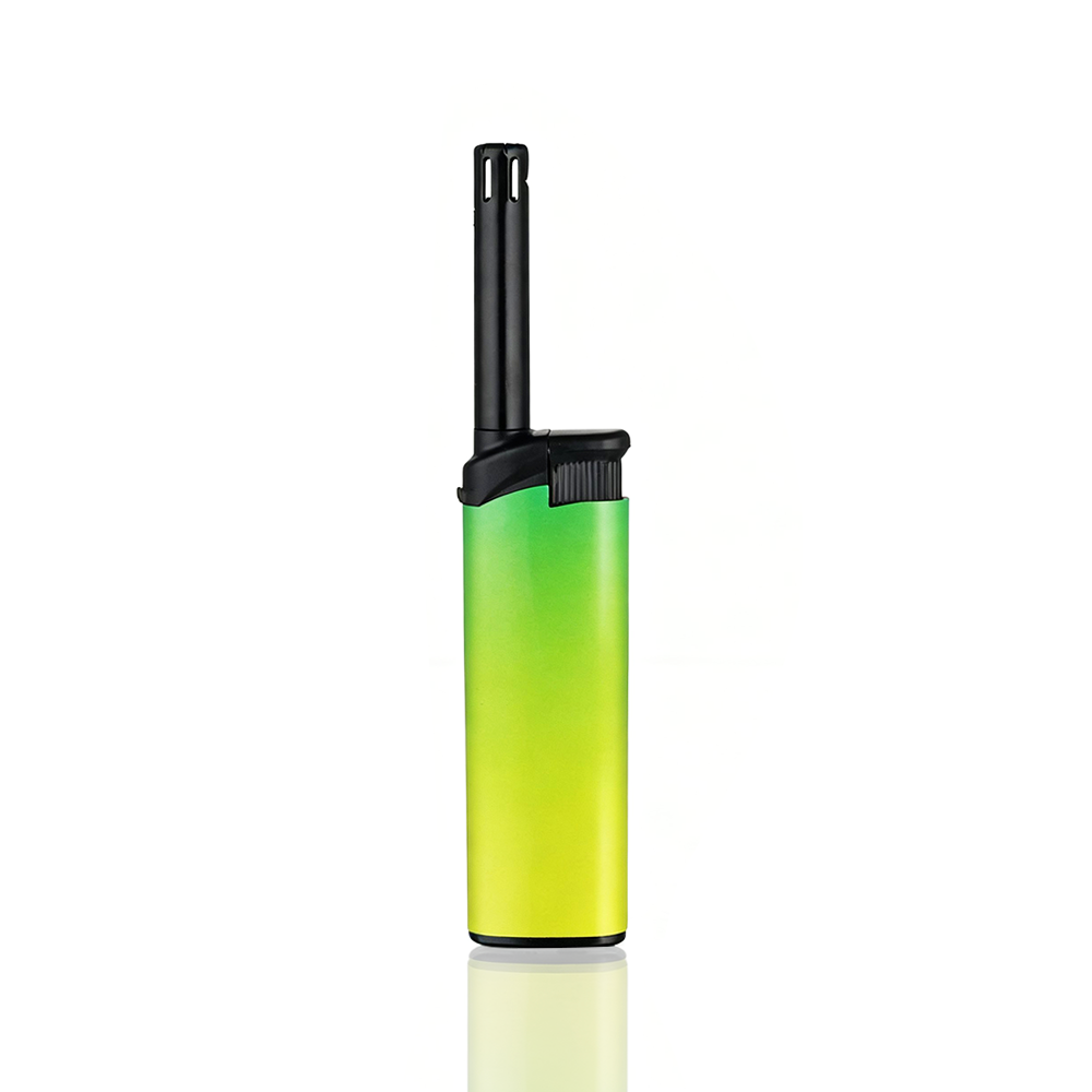 Green lighter with black top on a white background