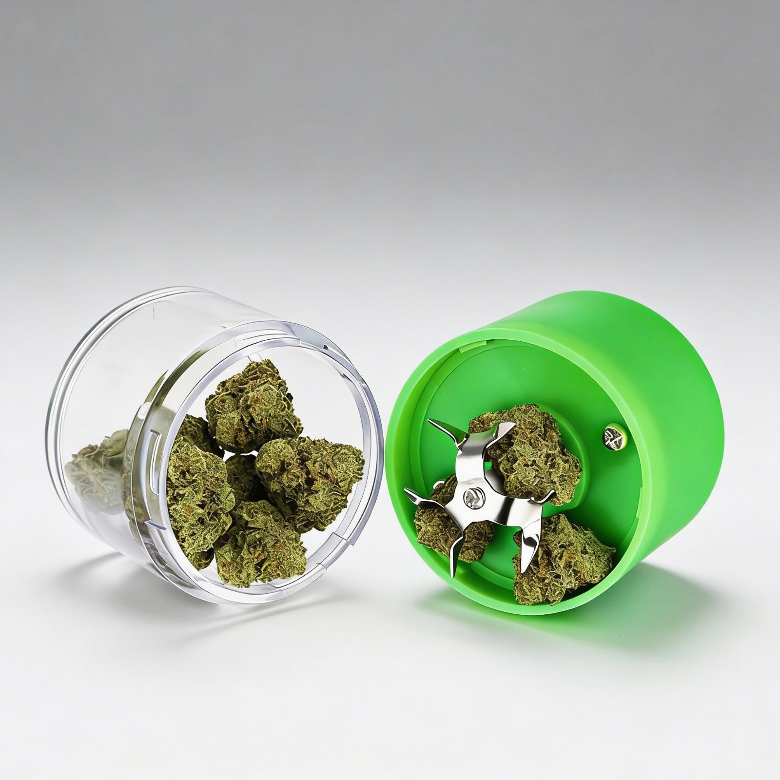 Green cannabis grinder with cannabis buds and clear container on a white background