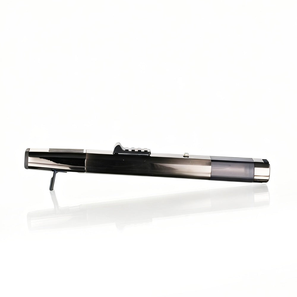 Black and silver pen on a white background