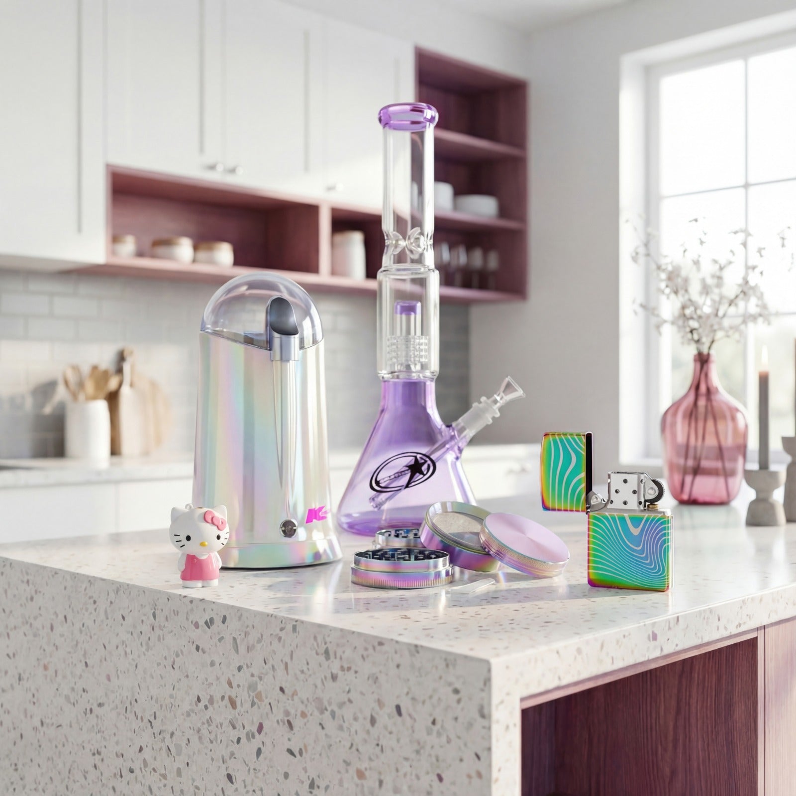 Glass smoking device on a kitchen counter with colorful lighter and accessories. Iridescent coffee grinder with a pink logo on a white background Kmart Coffee Grinder Anko Grinder Electric Grinder Pink Oilslick Metallic Chrome