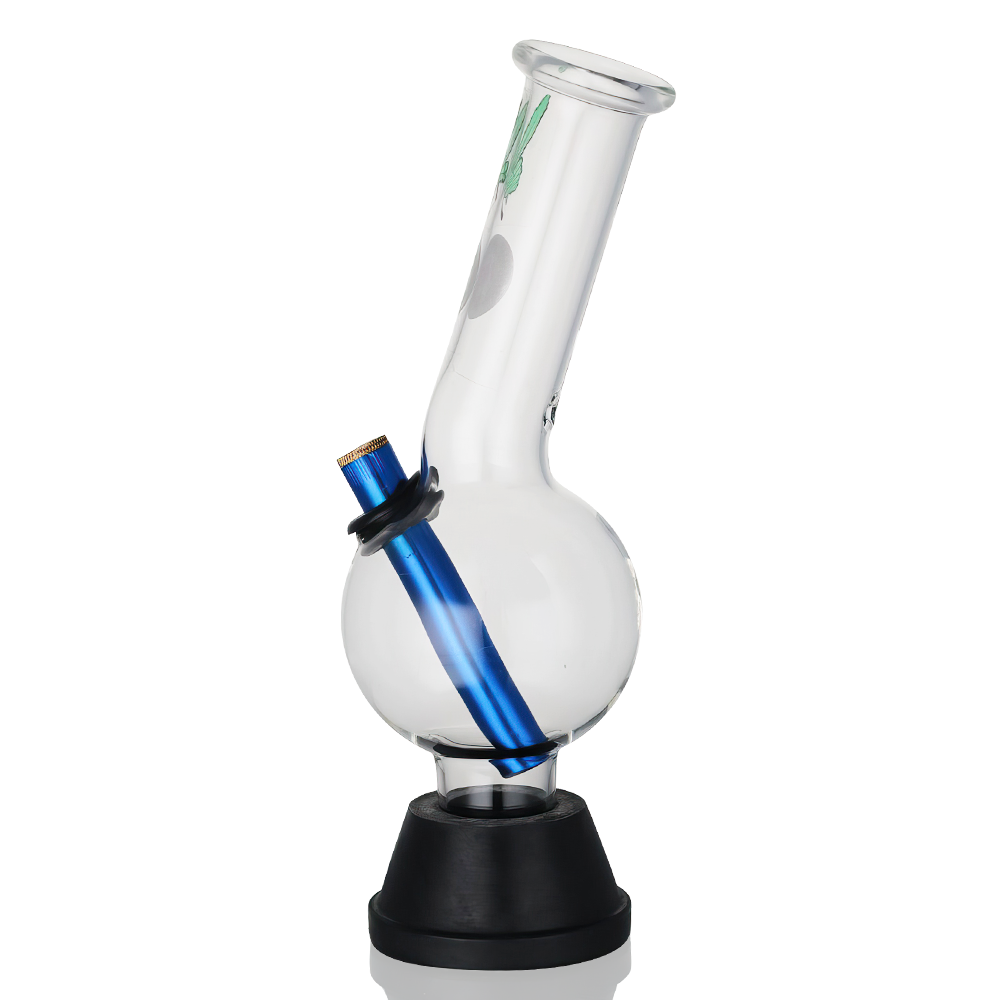Mini 25cm Glass Bent Bubble Bong – Random Colour - Side View featuring blue Metal Bong donwstem