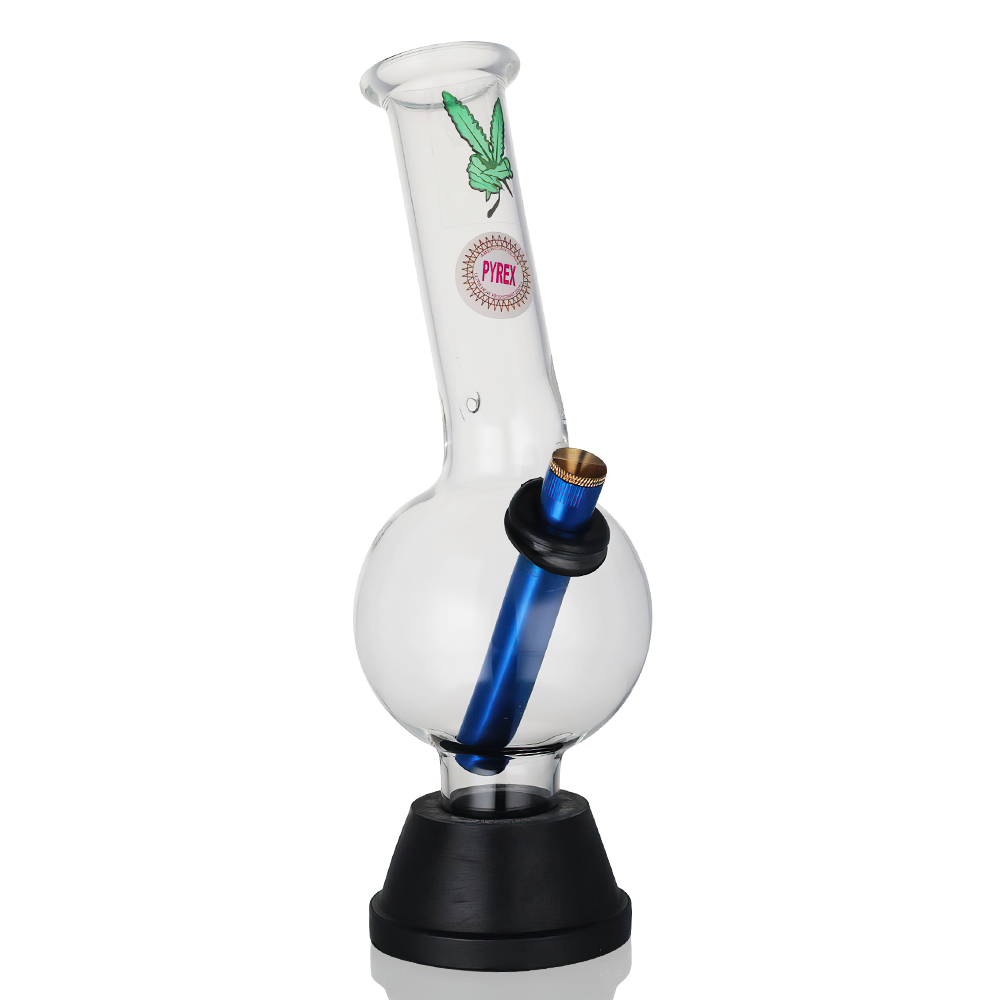 Mini 25cm Glass Bent Bubble Bong – Random Colour – Clear pyrex Bubble Bong featuring a bent neck and rounded base in Blue Downstem