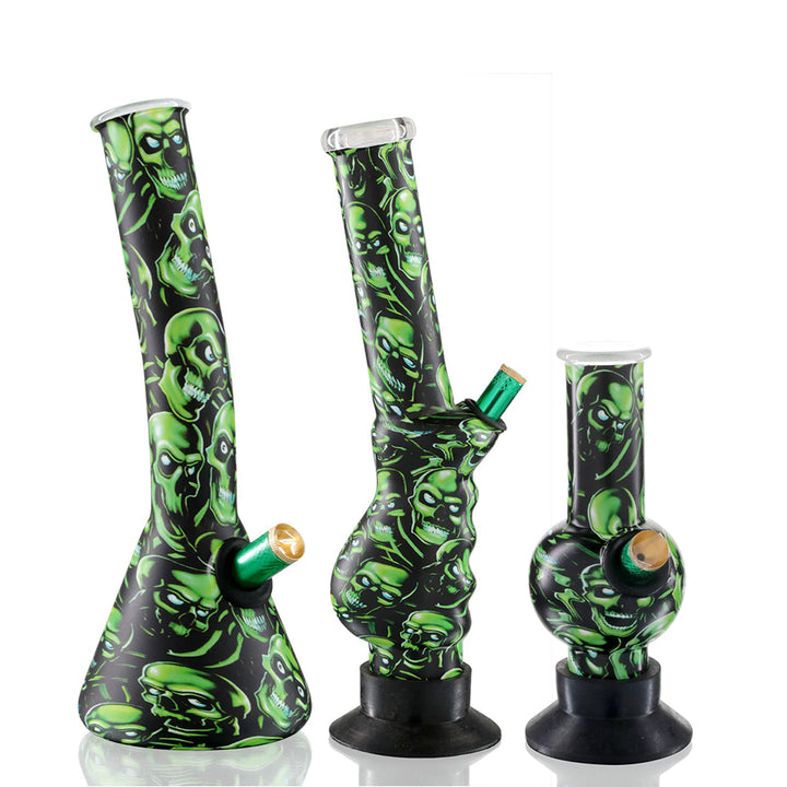 Mini Bubble, Gripper & Beaker Glass Bong Bundle - Green Skull Pattern