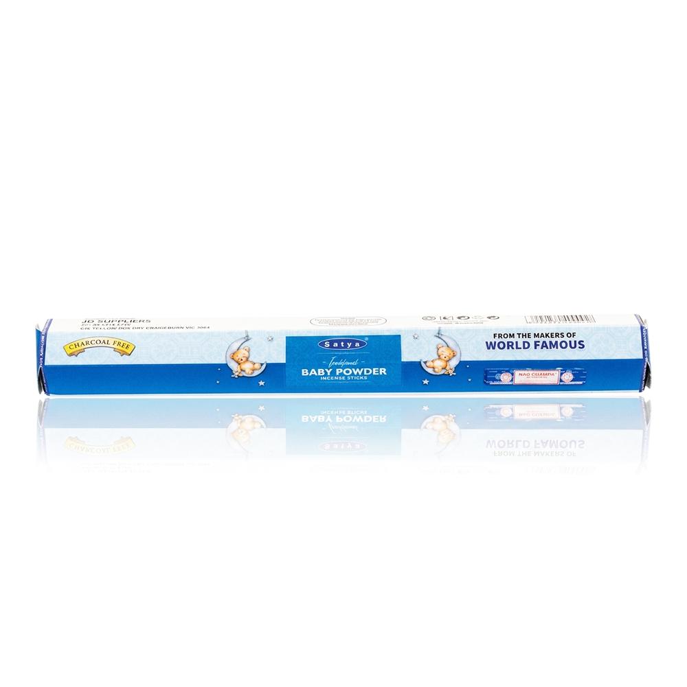 Satya - Baby Powder Incense Sticks - 15g in a sweet baby powder packaging on a full white background