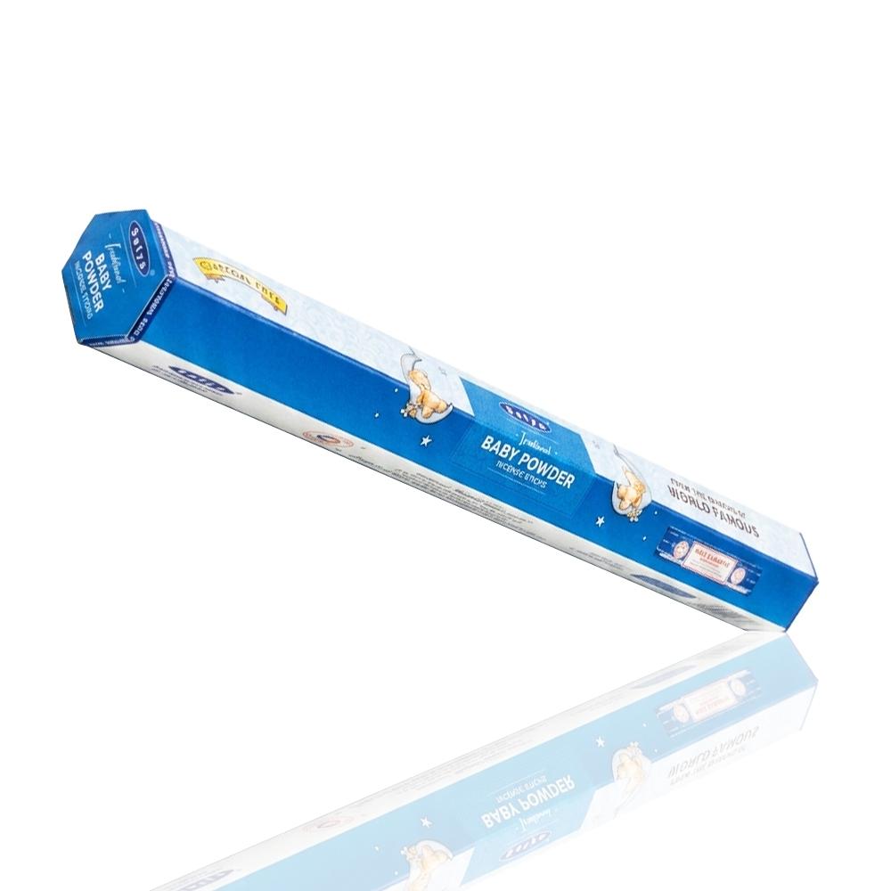 Satya - Baby Powder Incense Sticks - 15g Box of baby powder with blue and white design on a white background