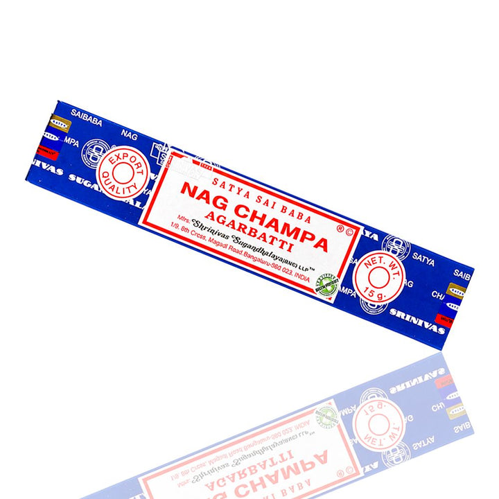 Satya Nag Champa Agarbatti Incense Sticks 15g - full angle view with visible shadow on a white background