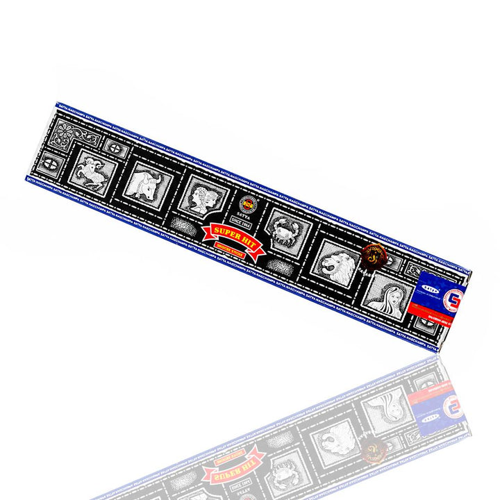 Satya Super Hit Incense Sticks 15g - angle view with zodiac design container.