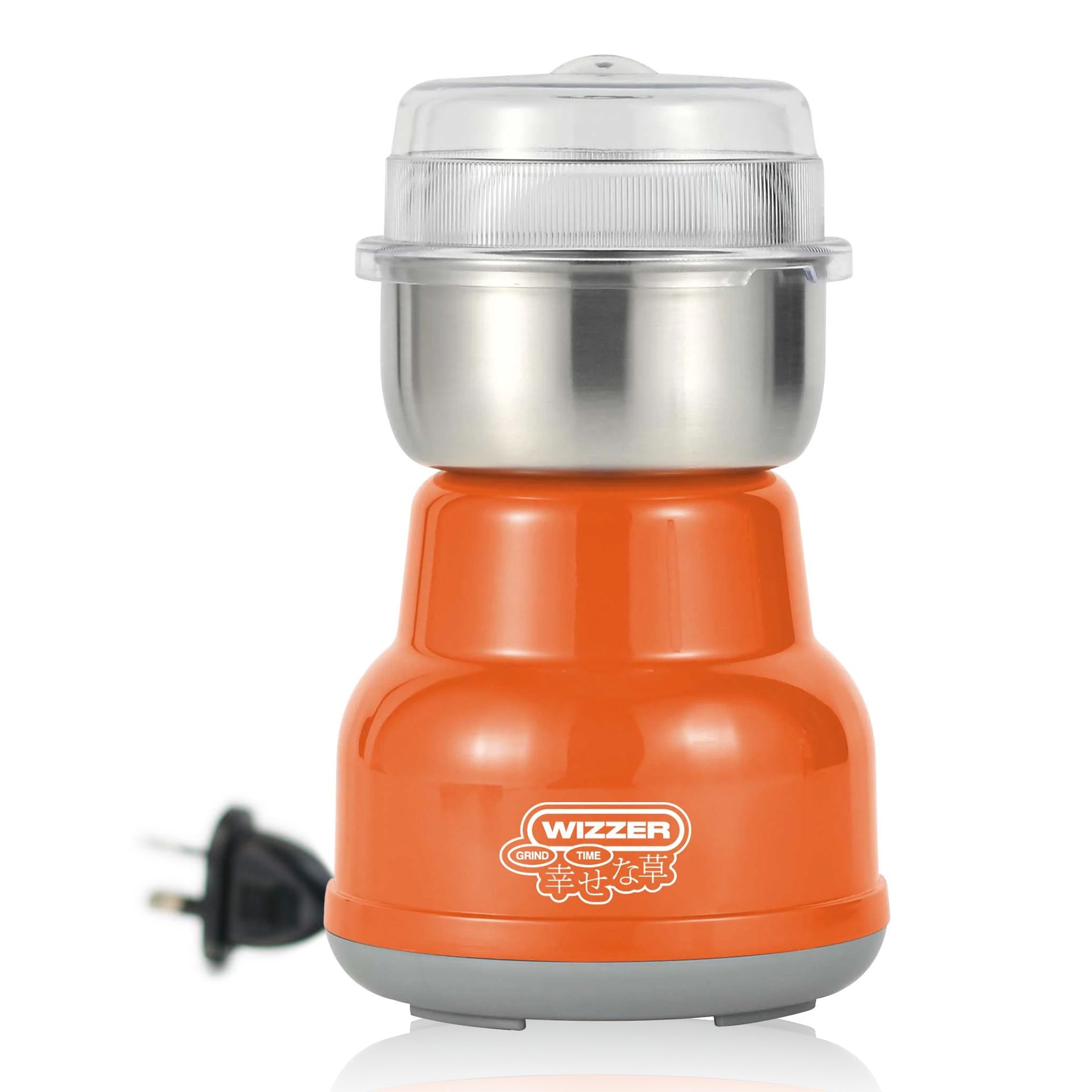 Compact electric grinder with stainless steel cup and orange base by Wizzer.