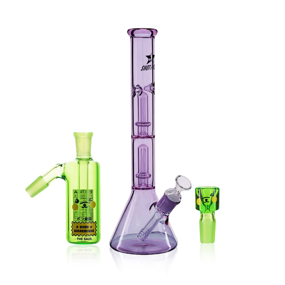 Tube Ash Catcher - Green Anime clear Glass  Bong ash catcher with green anime design, shown upright