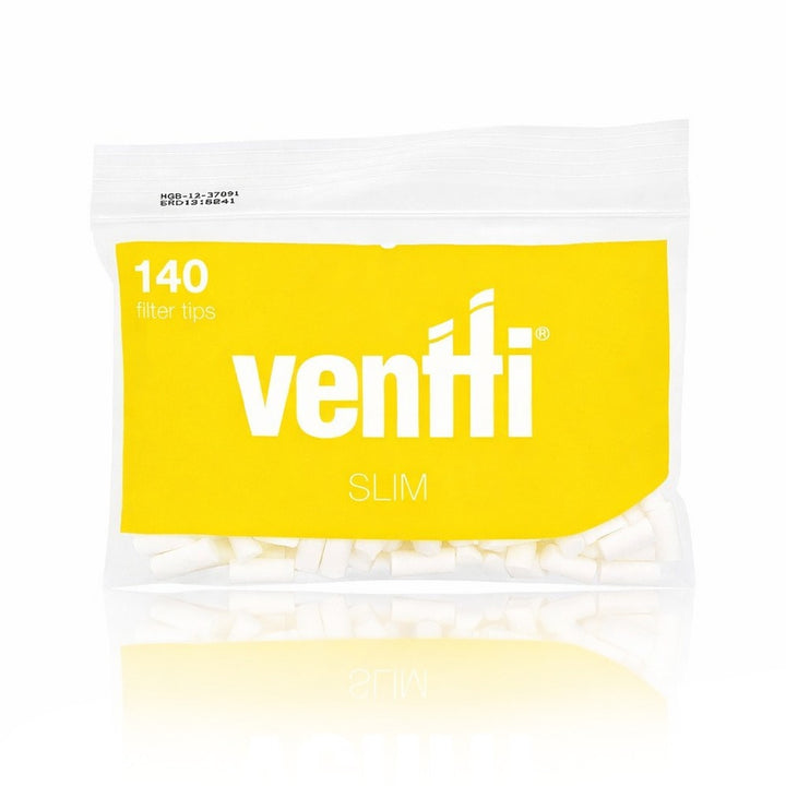 Pack of Ventfi slim filter tips with a yellow label on a white background