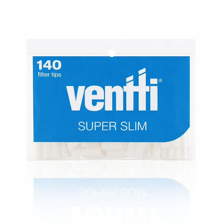 Pack of Ventti super slim filter tips with blue label on a white background