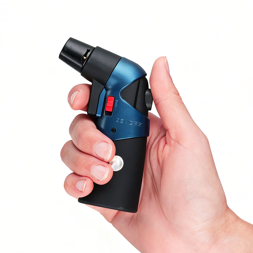 Hand holding a Zengaz - Gun Jet Torch Lighter - Bluer on a white background
