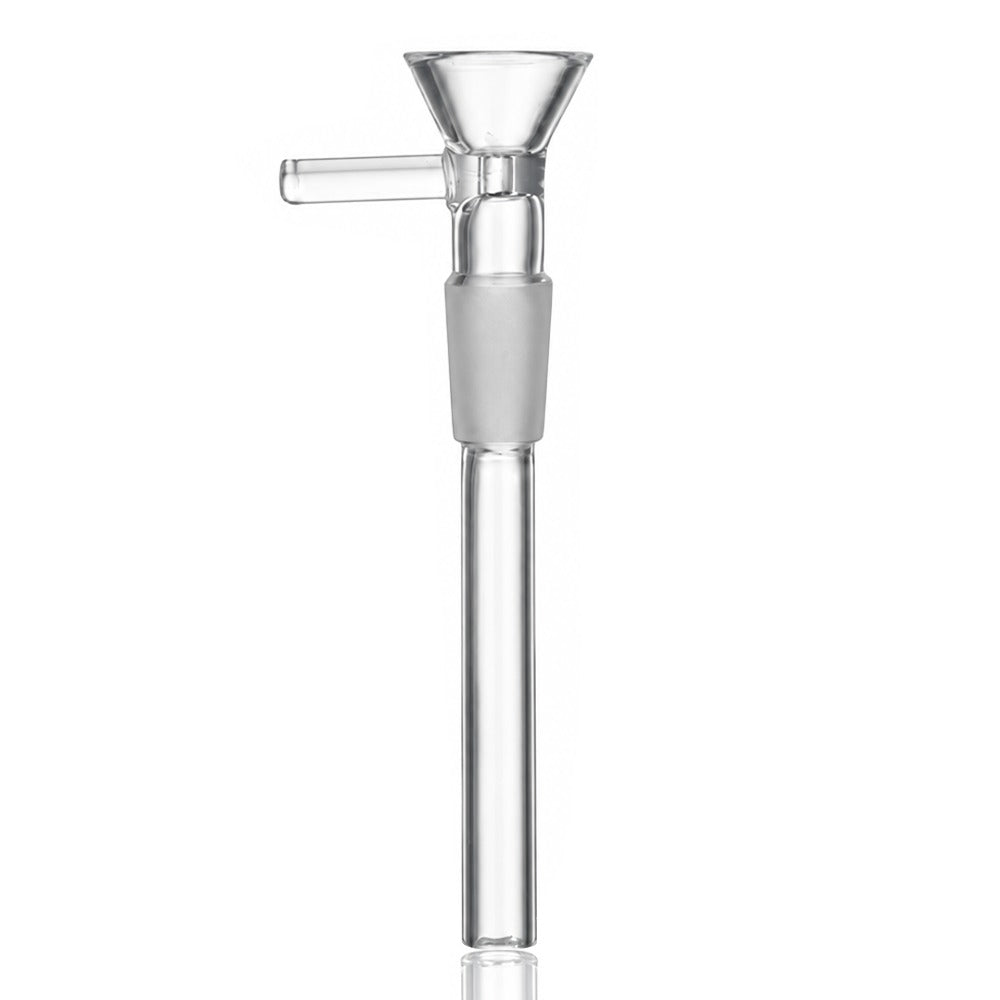 14mm male glass bowl with the downstem attached, front view showing the frosted glass joint