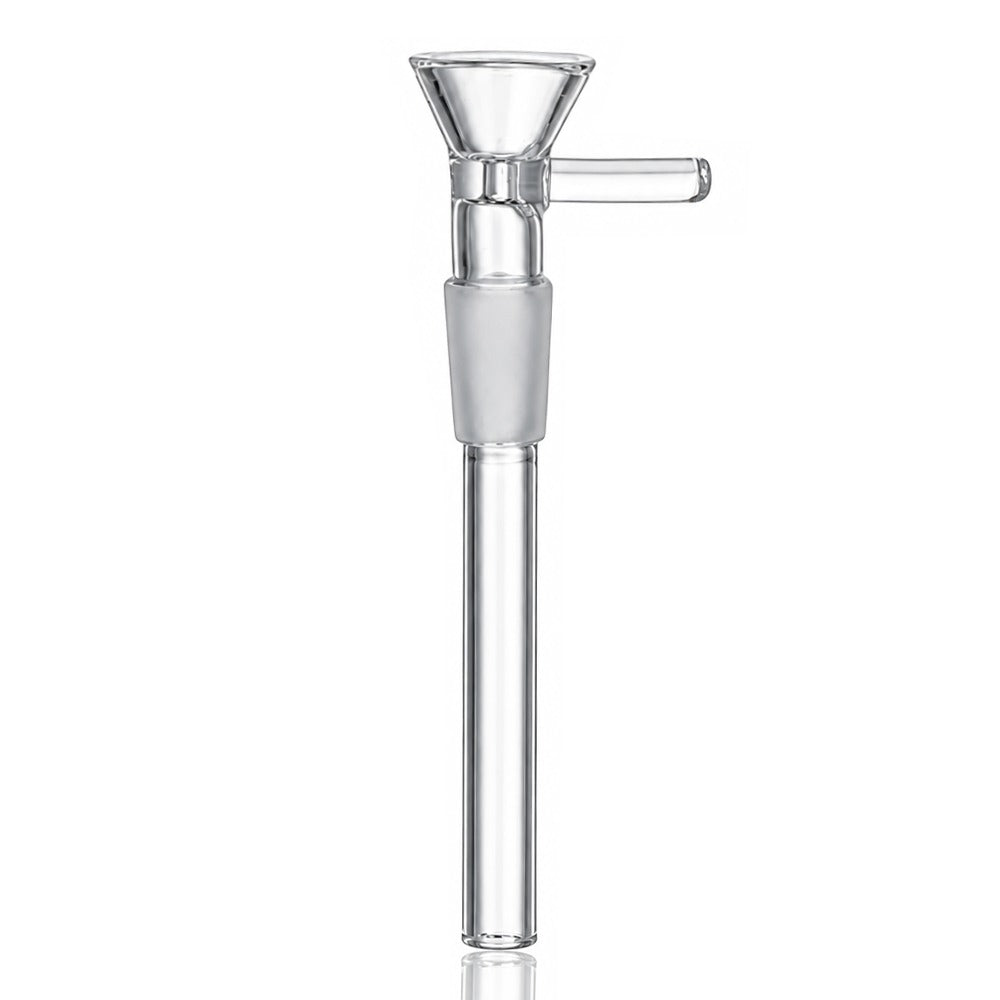14mm male glass bowl with the downstem attached, side view with the handle to the right