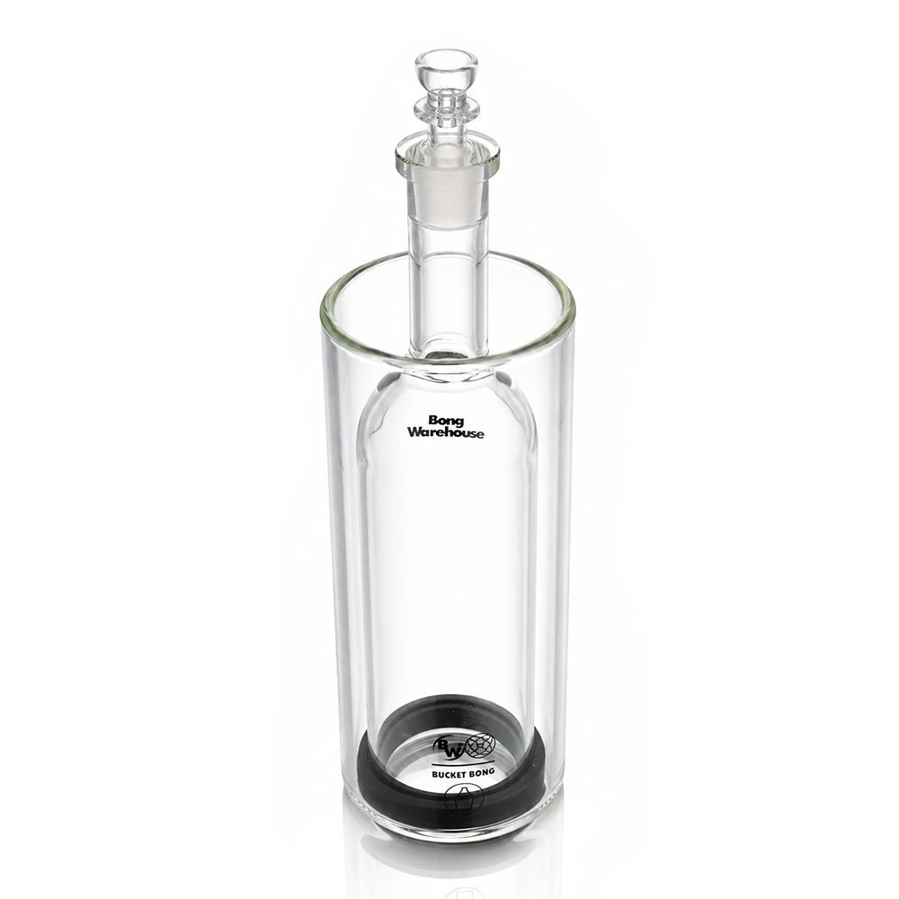 BW Bucket Bong - close-up detail of inner bottle neck and glass bowl with Bong Warehouse branding on white background