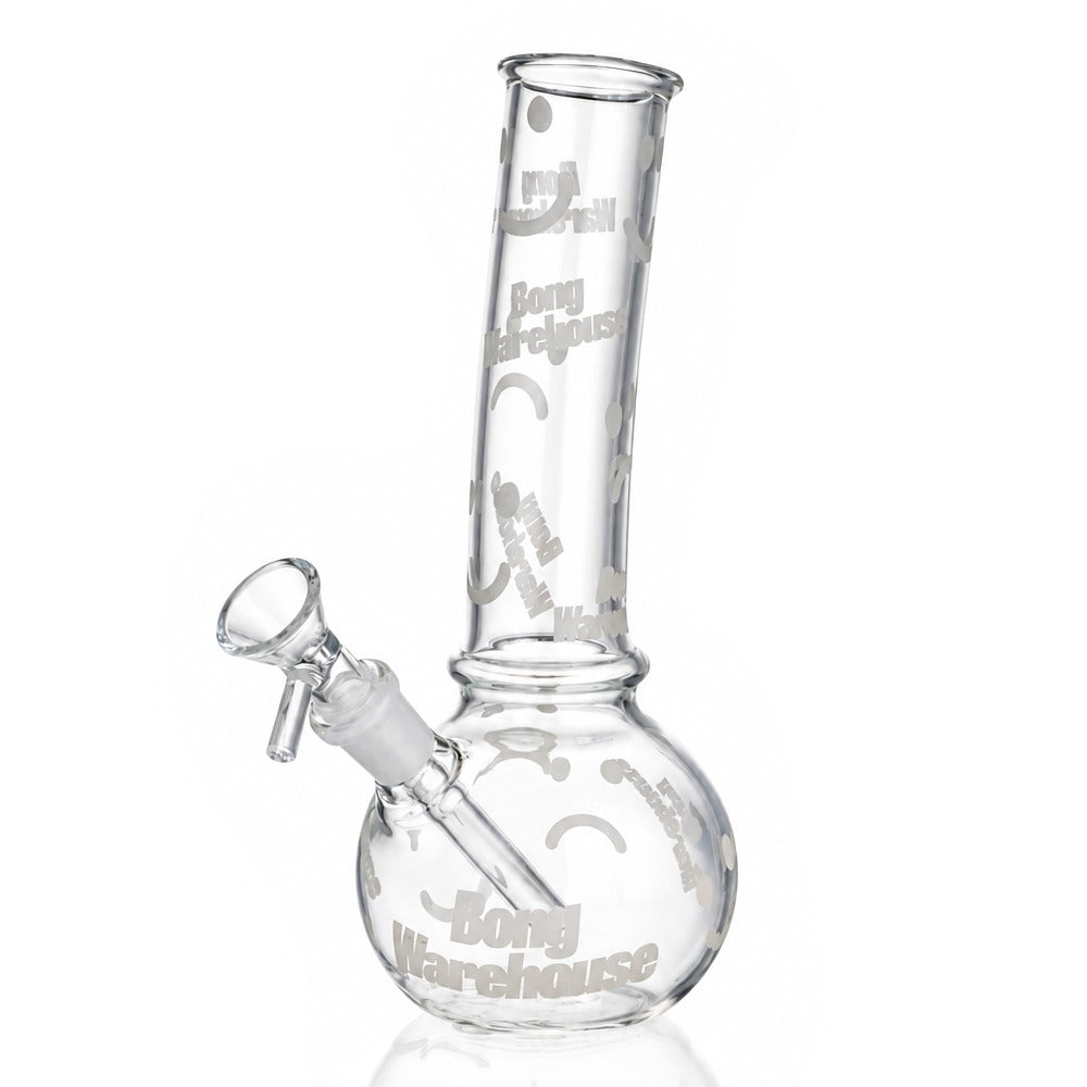 20cm clear glass mini bent bubble bong, angled left view showing the bubble chamber