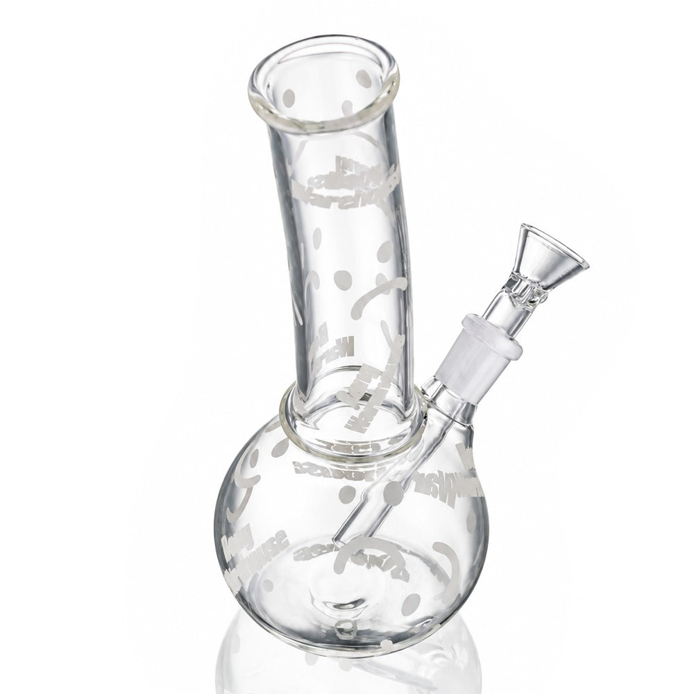 Clear mini bent bubble bong from a high angle, showing the mouthpiece and glow decals