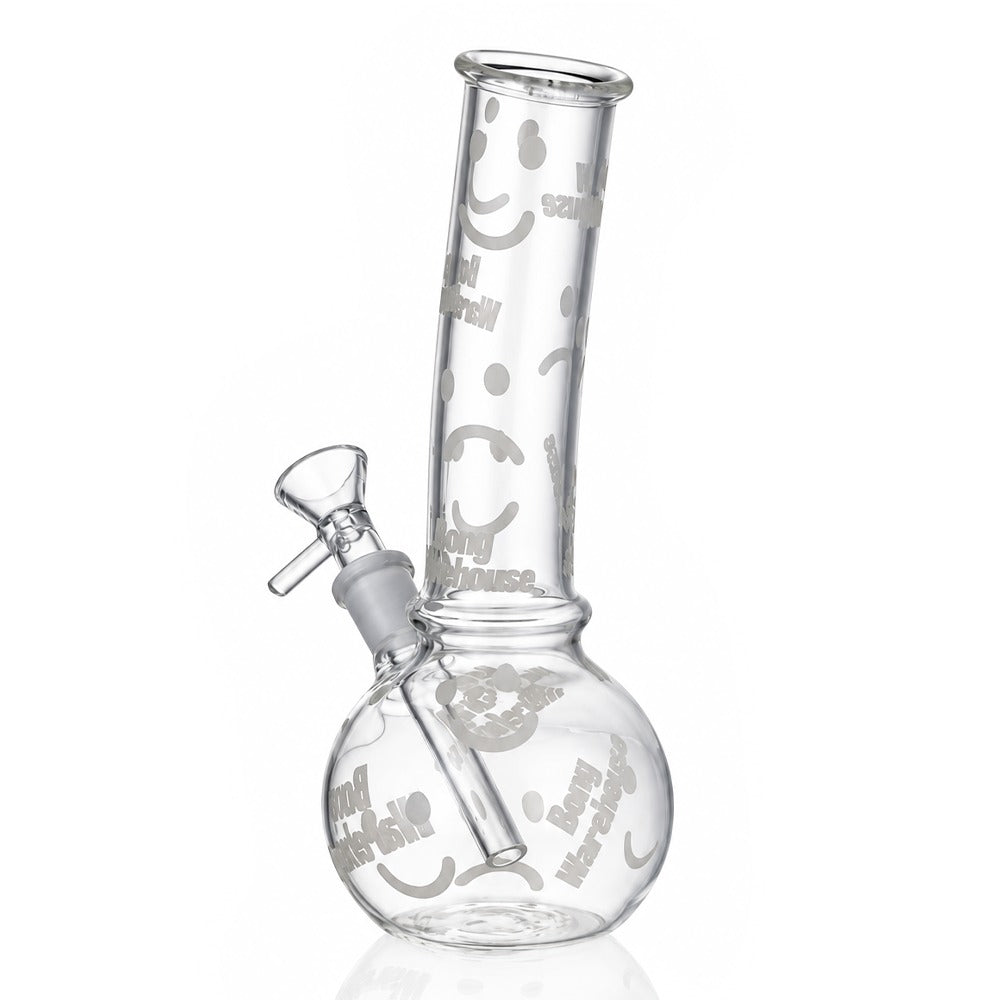 Bong Warehouse 20cm mini bent bubble glass bong in clear glass with glow-in-the-dark decals, front view