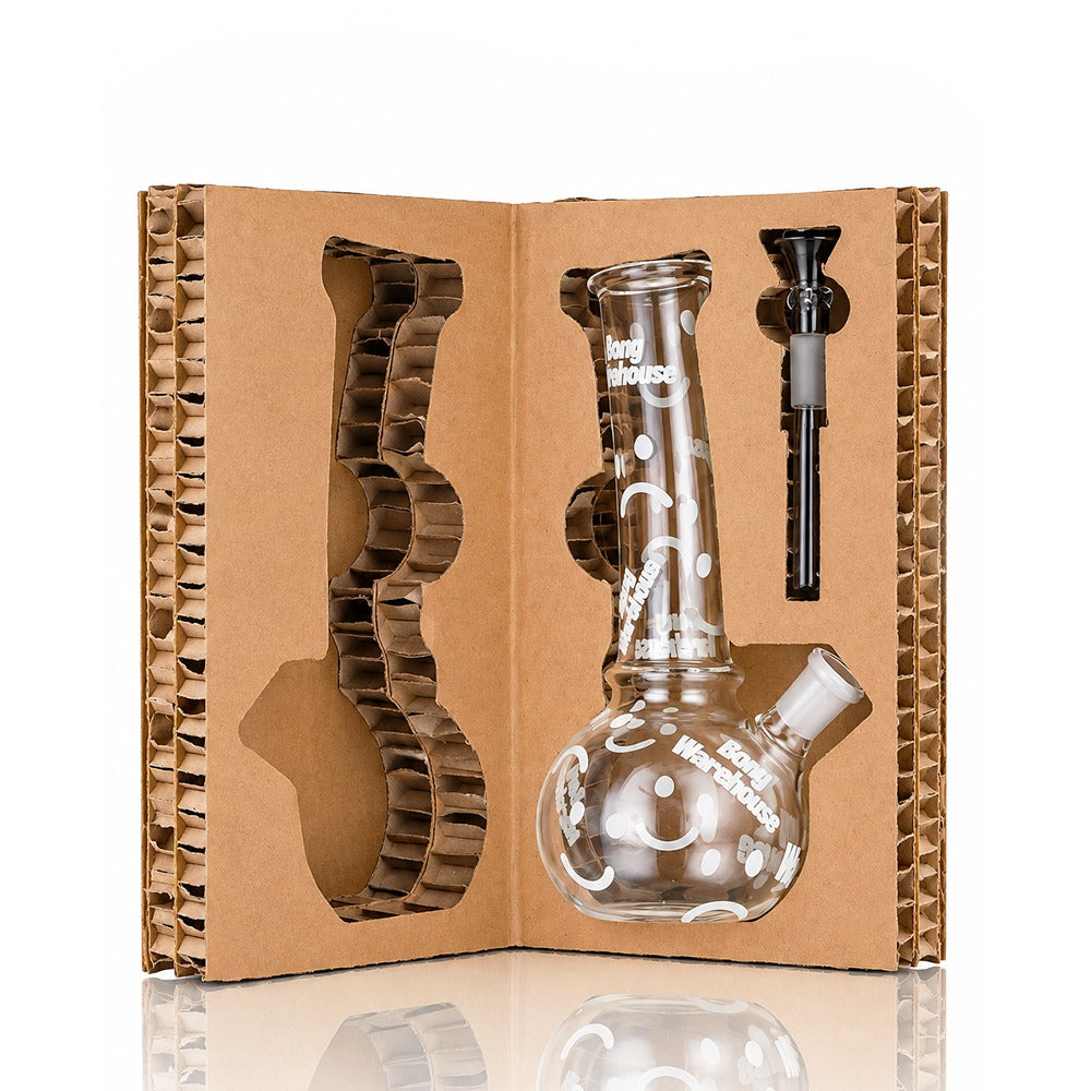 Clear Mini Bent Bubble 20cm glass bong in its open box with the bowl and downstem in the moulded cardboard insert