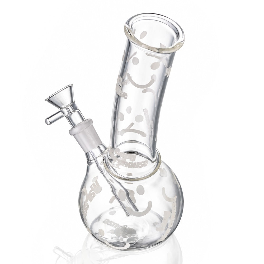 20cm clear glass mini bent bubble bong, side angled view showing the bent neck