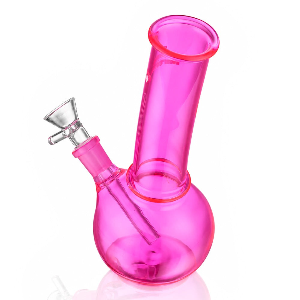 20cm mini bent bubble bong in neon pink glass with glass bowl and downstem, angled left view