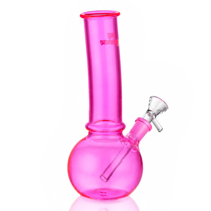 Neon pink mini bent bubble glass bong, front angled view showing the bent neck