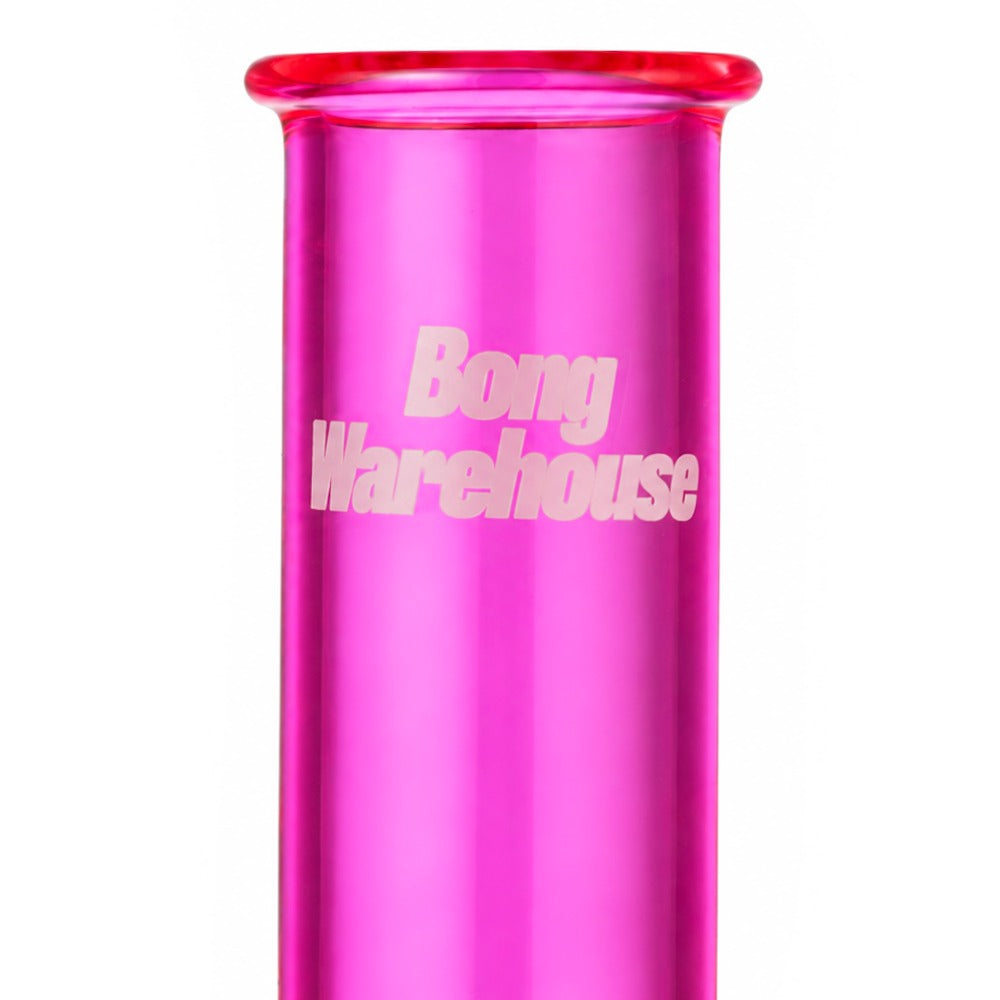 Bong Warehouse logo printed on the neck of the neon pink mini bent bubble glass bong