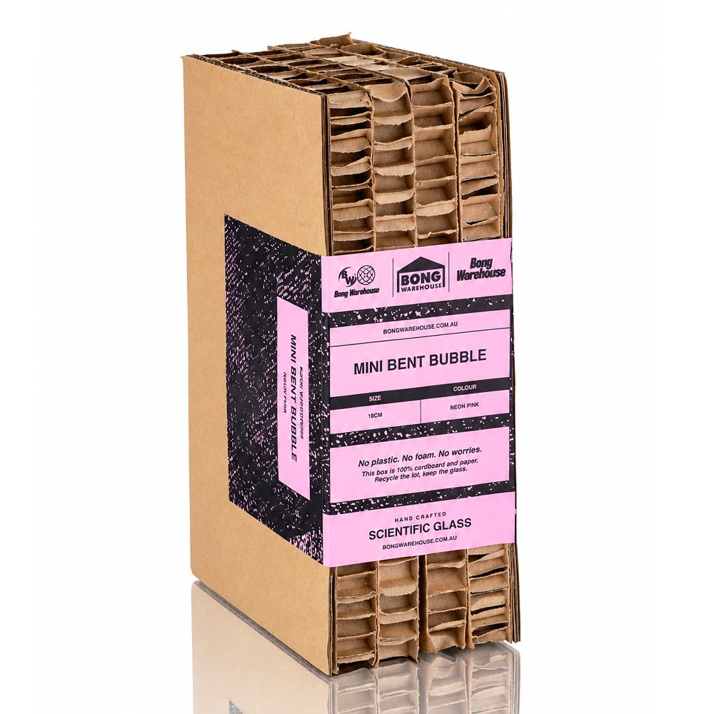 Neon pink Mini Bent Bubble 20cm glass bong in its plastic-free cardboard box with printed sleeve