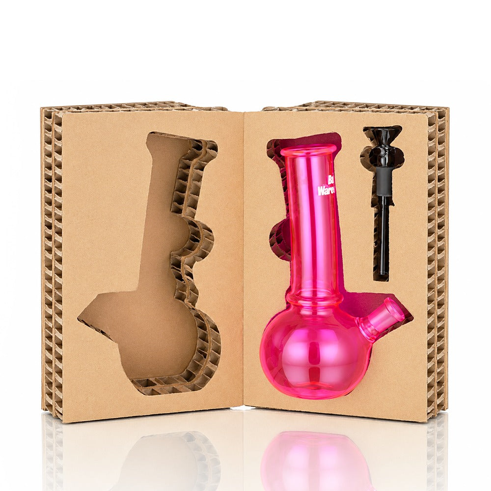 Neon pink Mini Bent Bubble 20cm glass bong in its open box with the bowl and downstem in the moulded cardboard insert