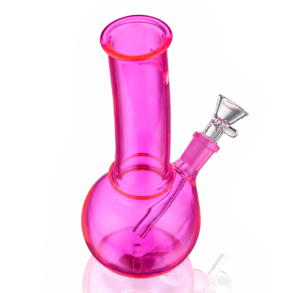 20cm mini bent bubble glass bong in neon pink, side angled view