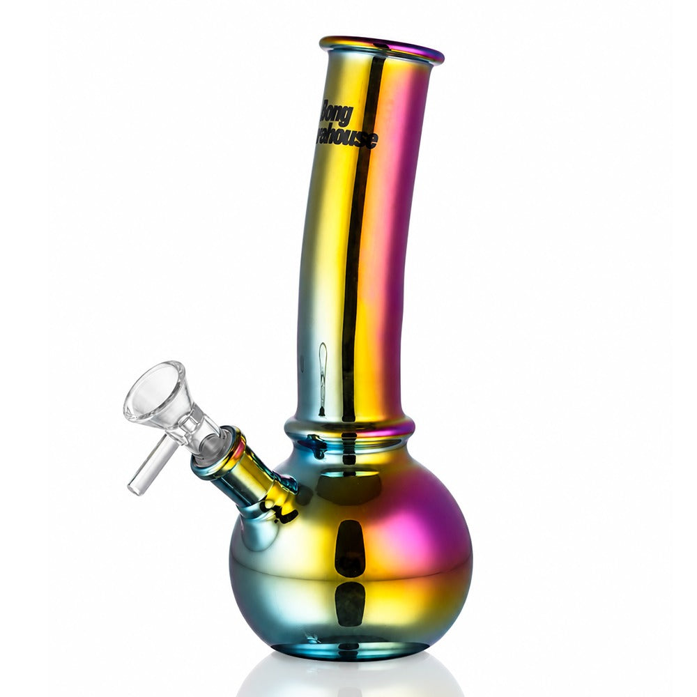 Purple chrome mini bent bubble glass bong, left side view showing the bent neck