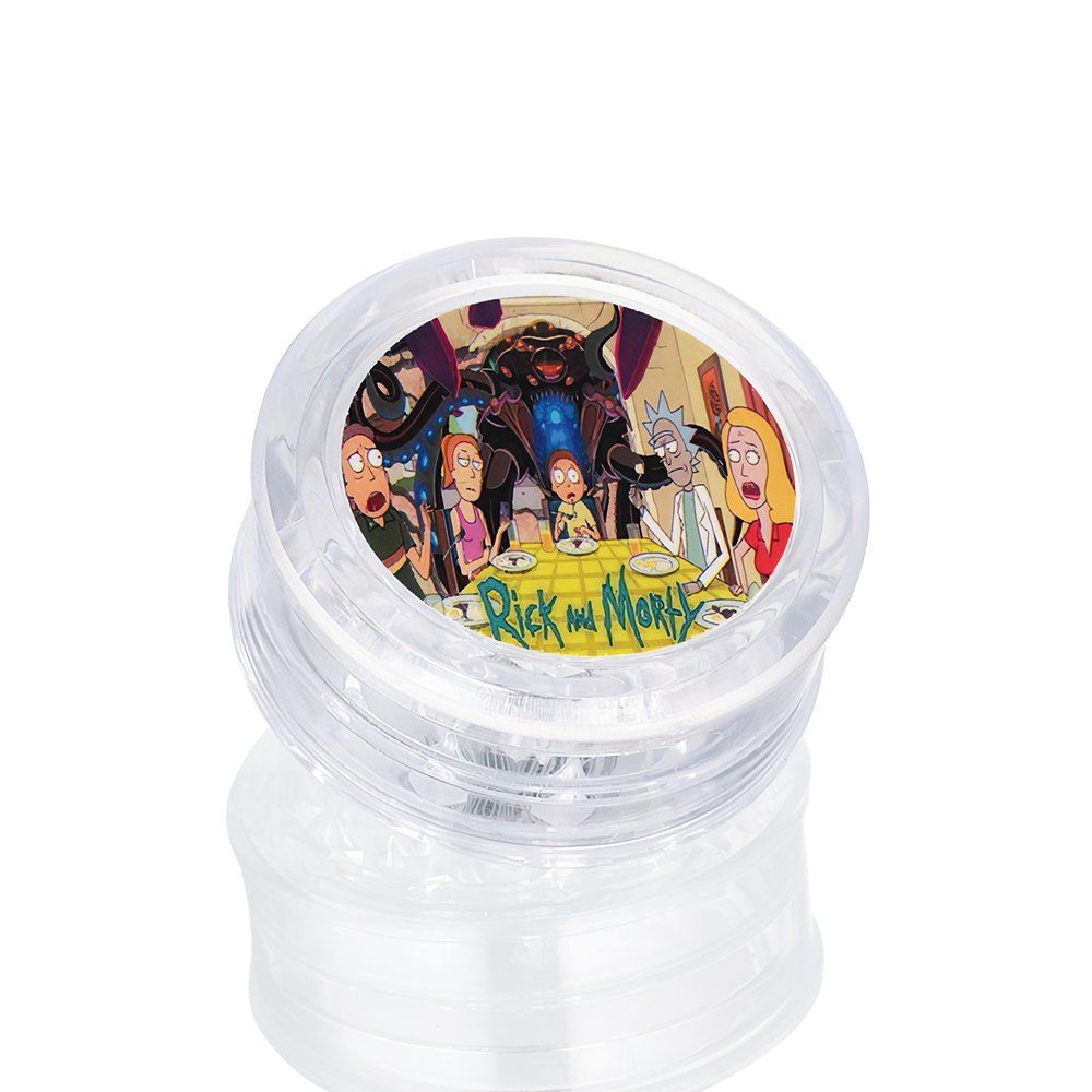 BW Plastic Herb 60mm Round Clear Rick and Morty plastic weed grinder