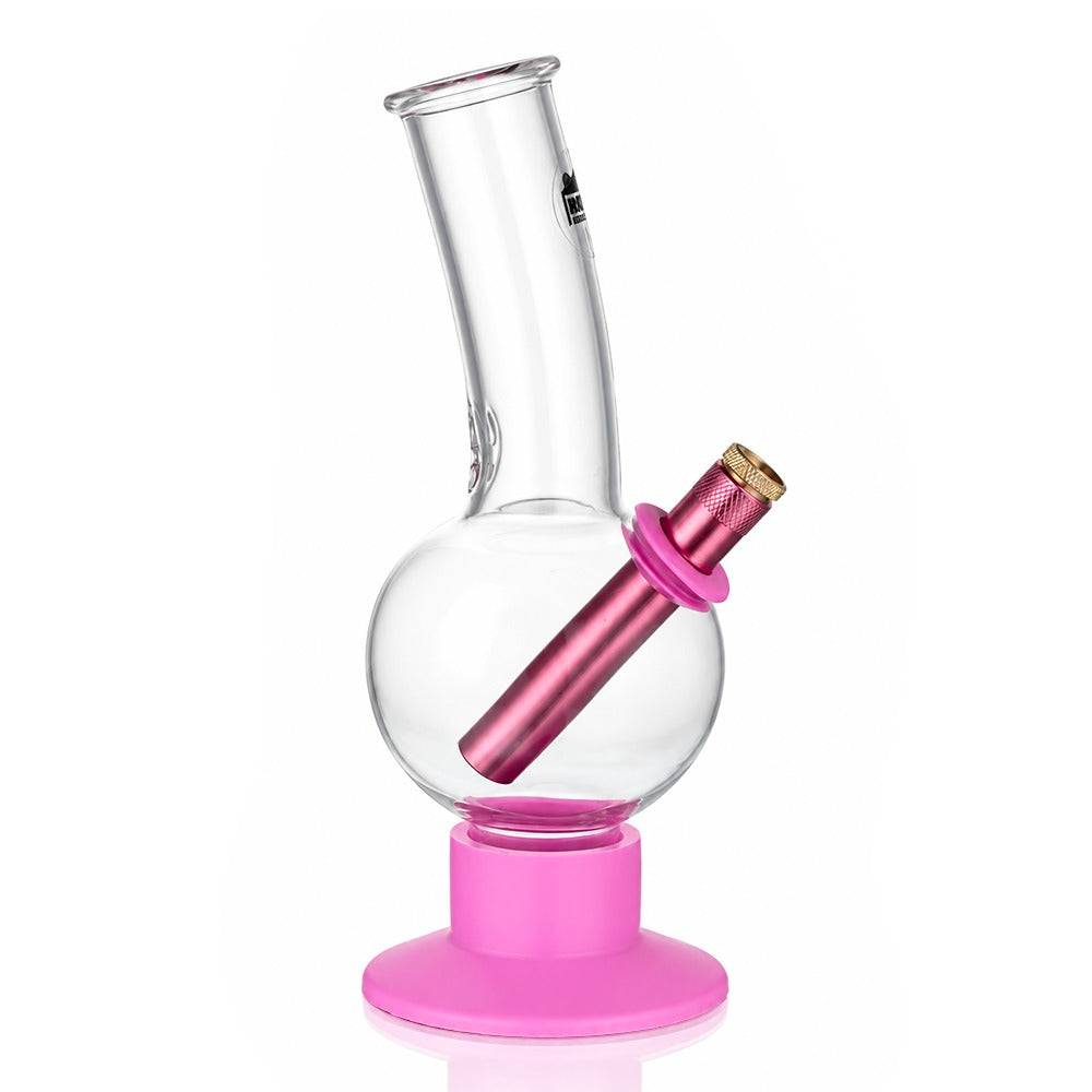 23cm tall bubble glass bong with pink rubber base and pink metal stem, angled left view