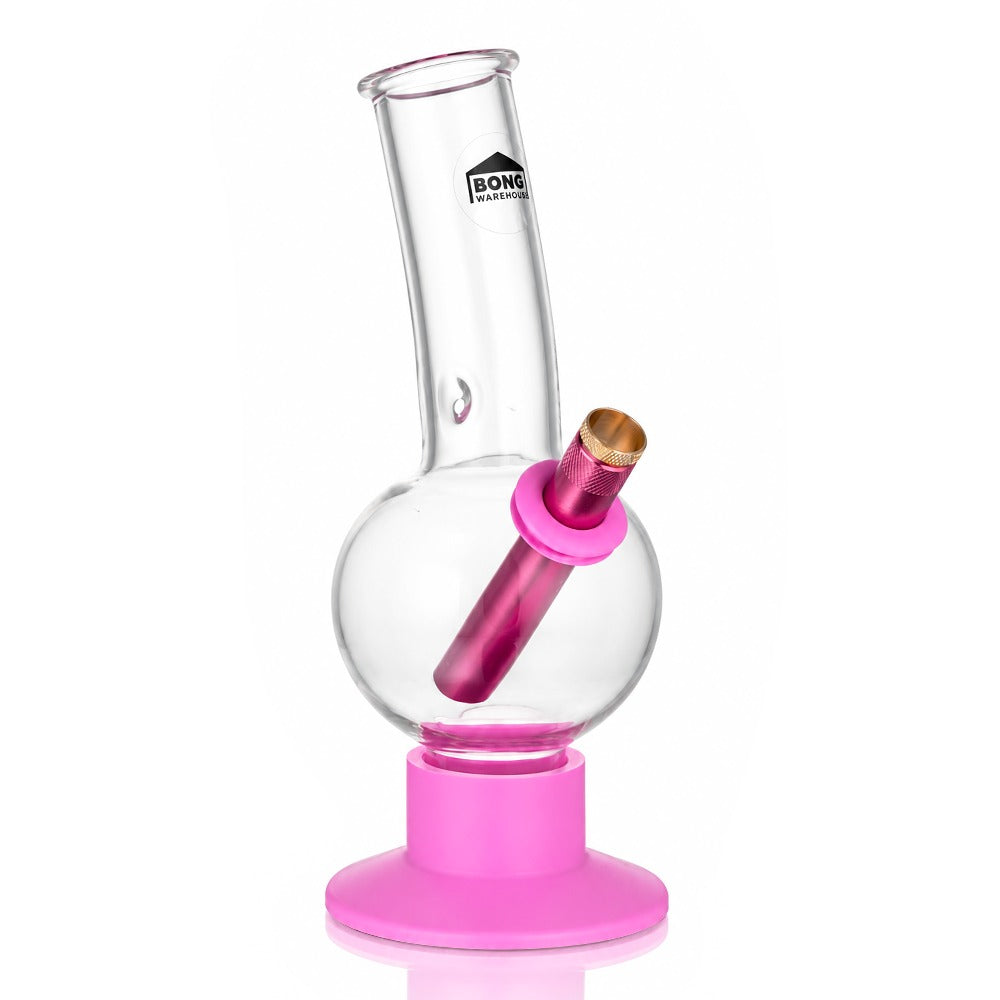 Pink 23cm tall bubble glass bong, front angled view with brass cone piece
