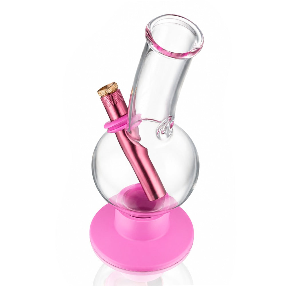 23cm tall bubble glass bong in pink, side angled view showing the straight neck