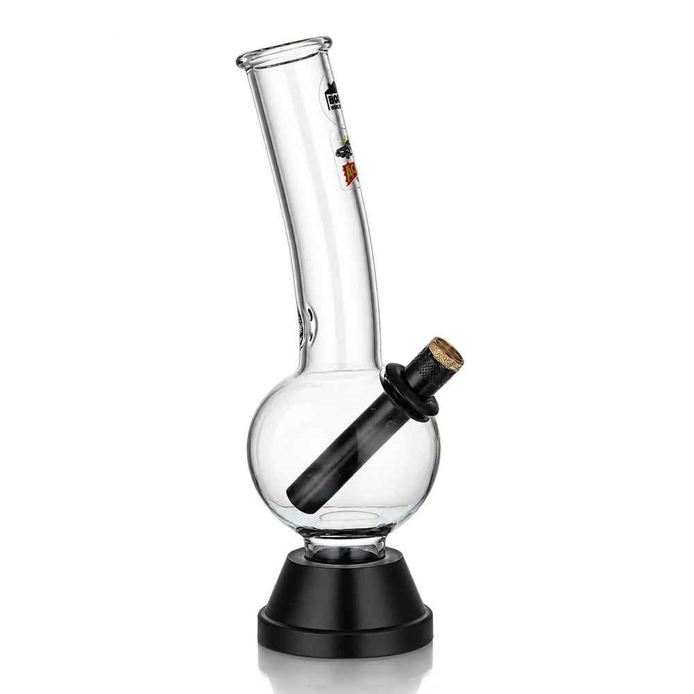 25cm tall bubble glass bong with black rubber base and black metal stem, angled left view
