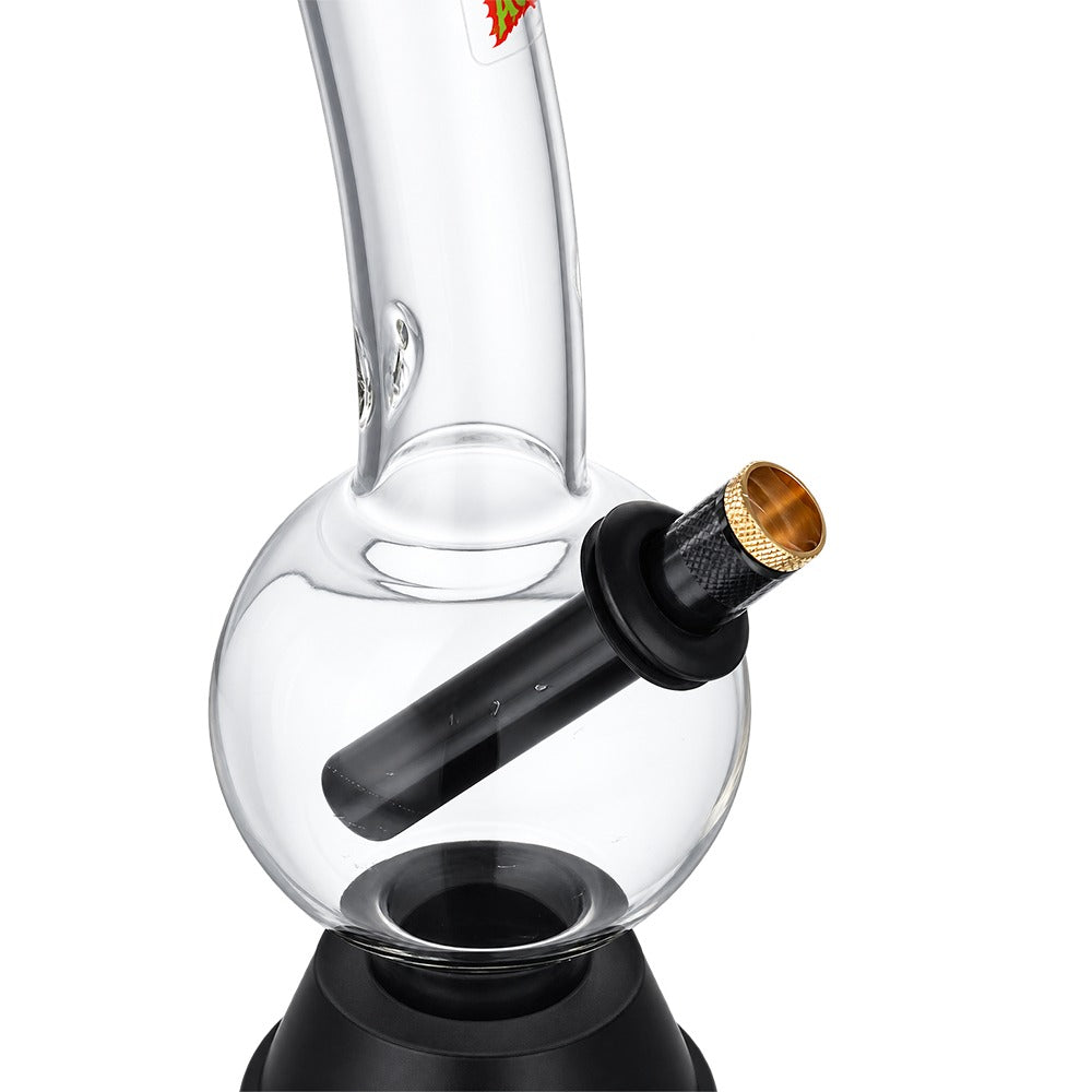 Close-up of the black metal stem and brass cone piece on the Bong Warehouse tall bubble bong
