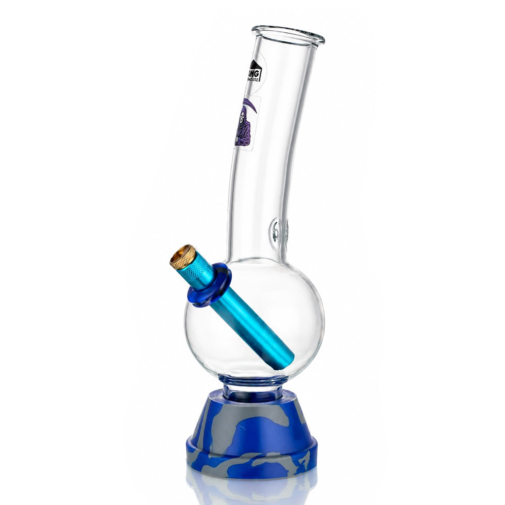 25cm tall bubble glass bong with blue rubber base and blue metal stem, angled left view