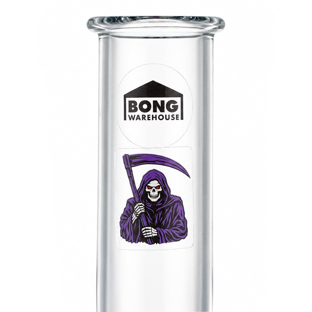 Bong Warehouse logo and reaper sticker on the neck of the blue tall bubble glass bong