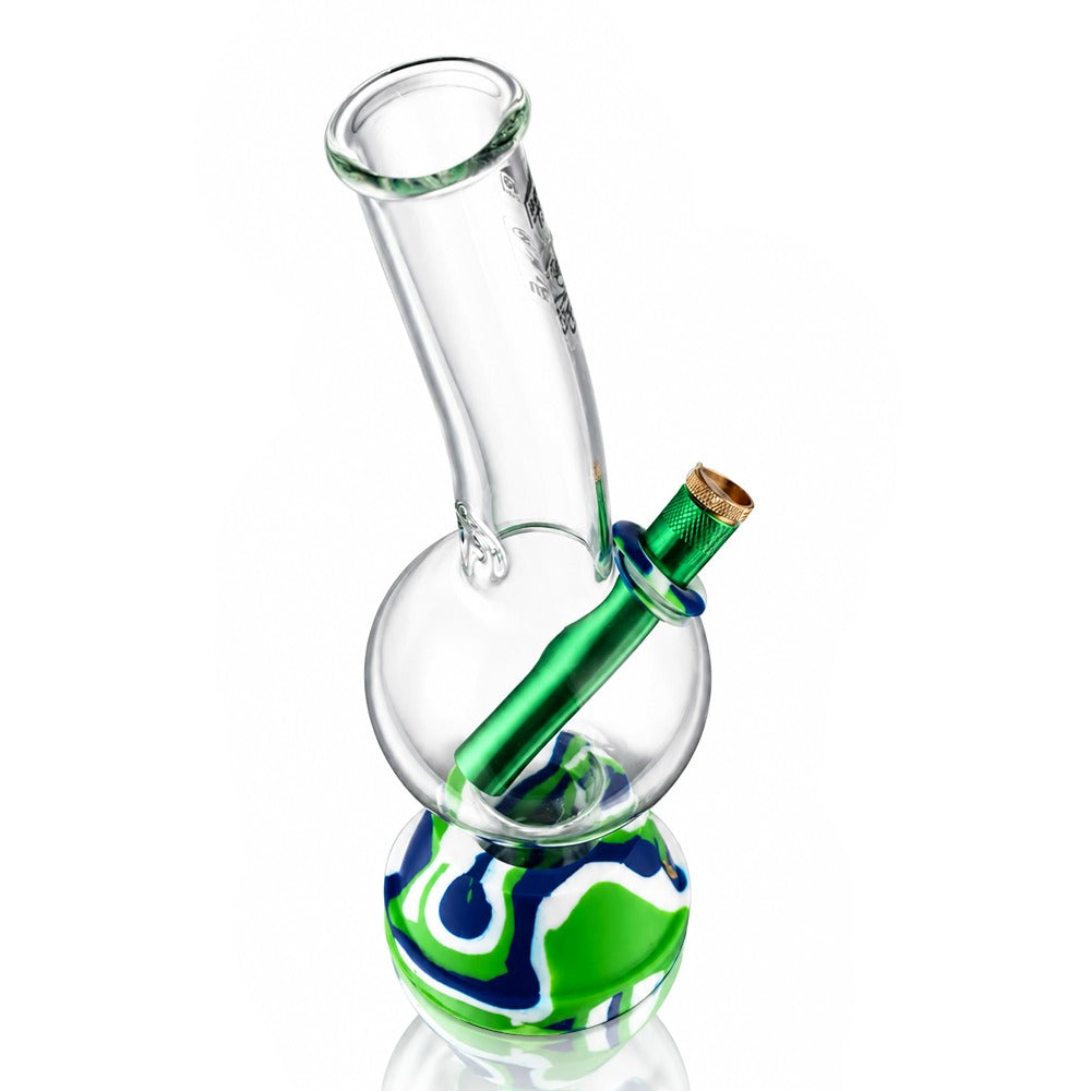 25cm tall bubble glass bong with green swirl rubber base and green metal stem, angled left view