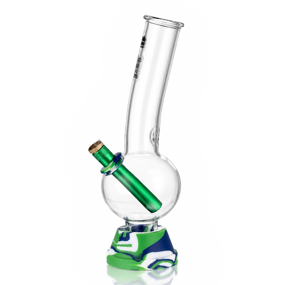25cm tall bubble glass bong in green, angled right view showing the bubble chamber