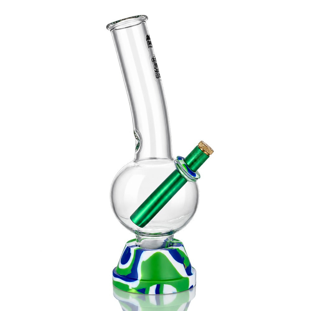 25cm tall bubble glass bong in green, side view showing the straight neck