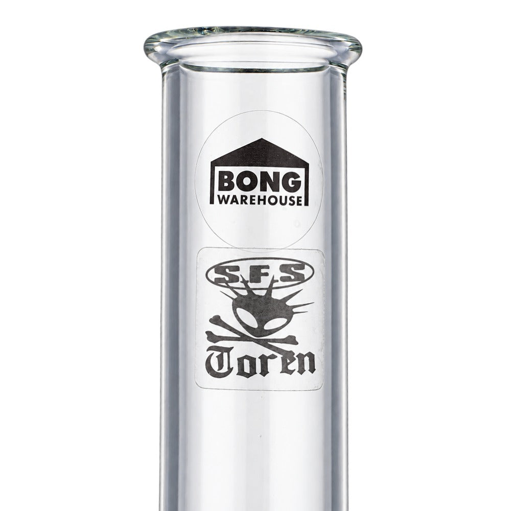 Bong Warehouse logo and skull sticker on the neck of the green tall bubble glass bong