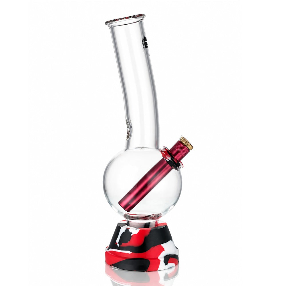 25cm tall bubble glass bong with red and black camo rubber base and red stem, angled left view