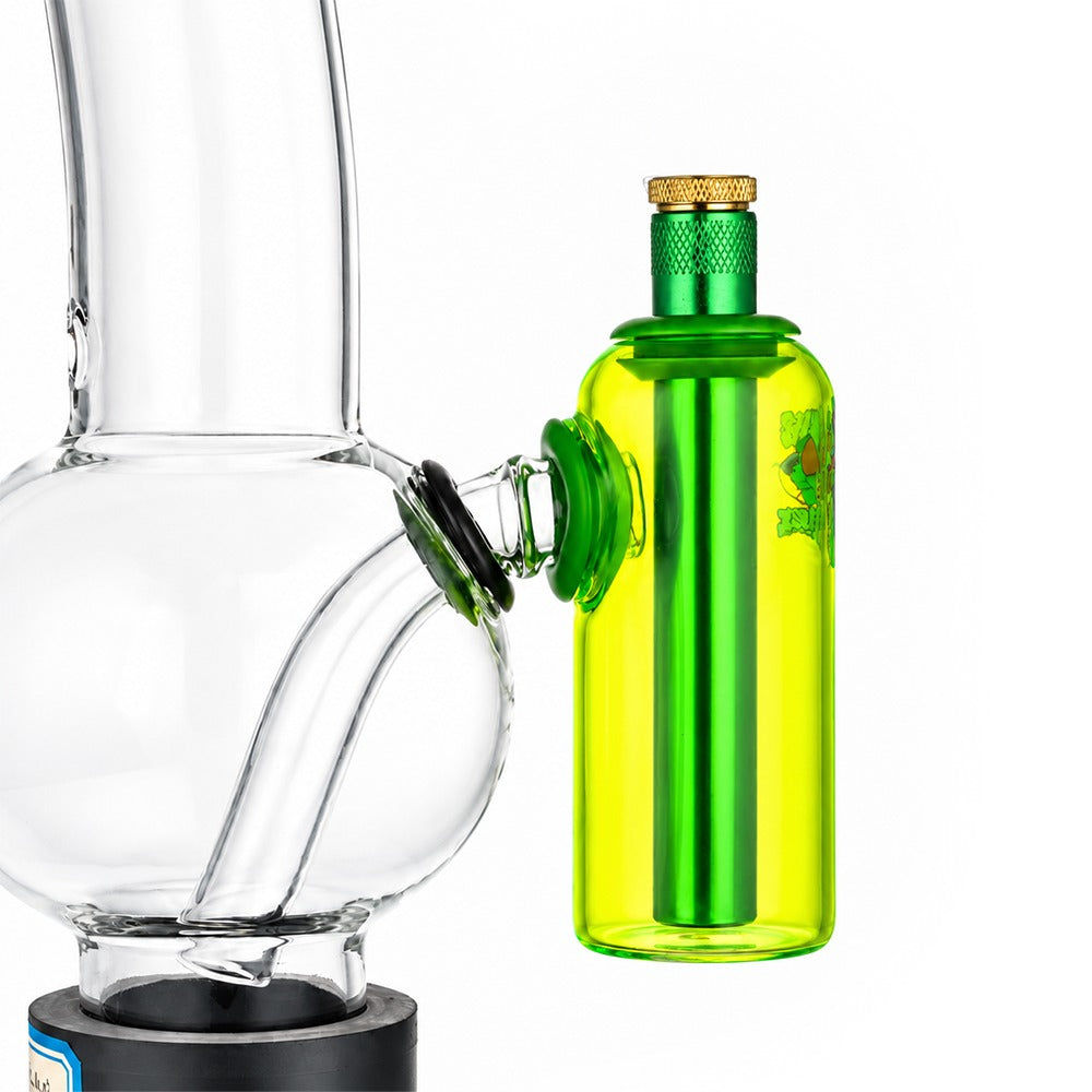 Neon green tube ash catcher fitted to a glass bong, close-up of the 15mm tube seated in the silicone grommet
