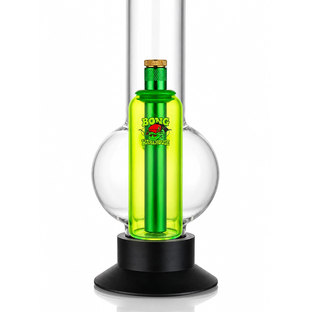 Neon green tube ash catcher fitted to a glass bong, front view