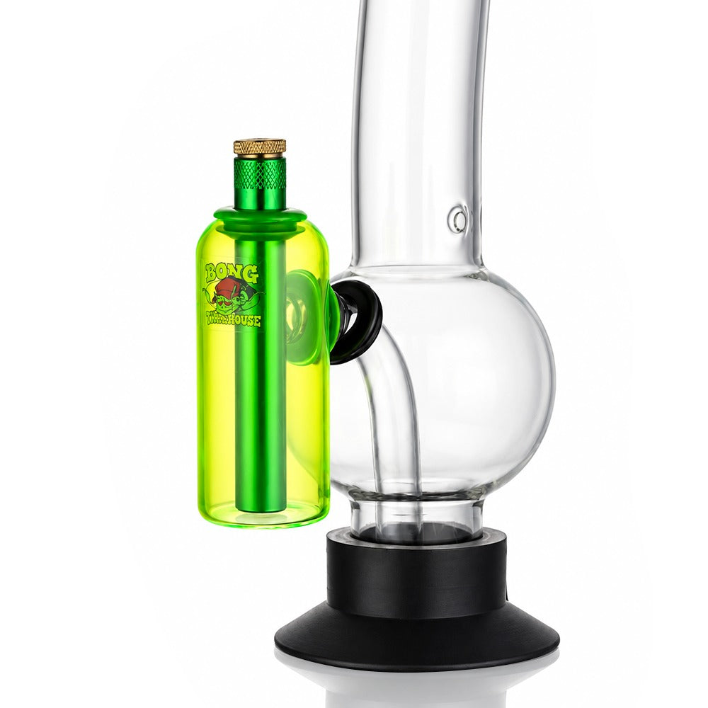 Neon green tube ash catcher fitted to a glass bong, side view