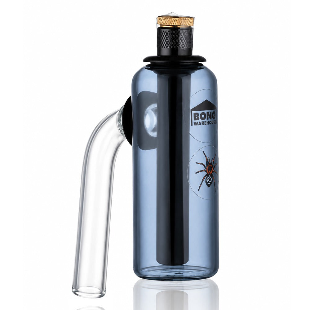 Smoke grey glass tube ash catcher with Bong Warehouse logo and spider decal, front angled view