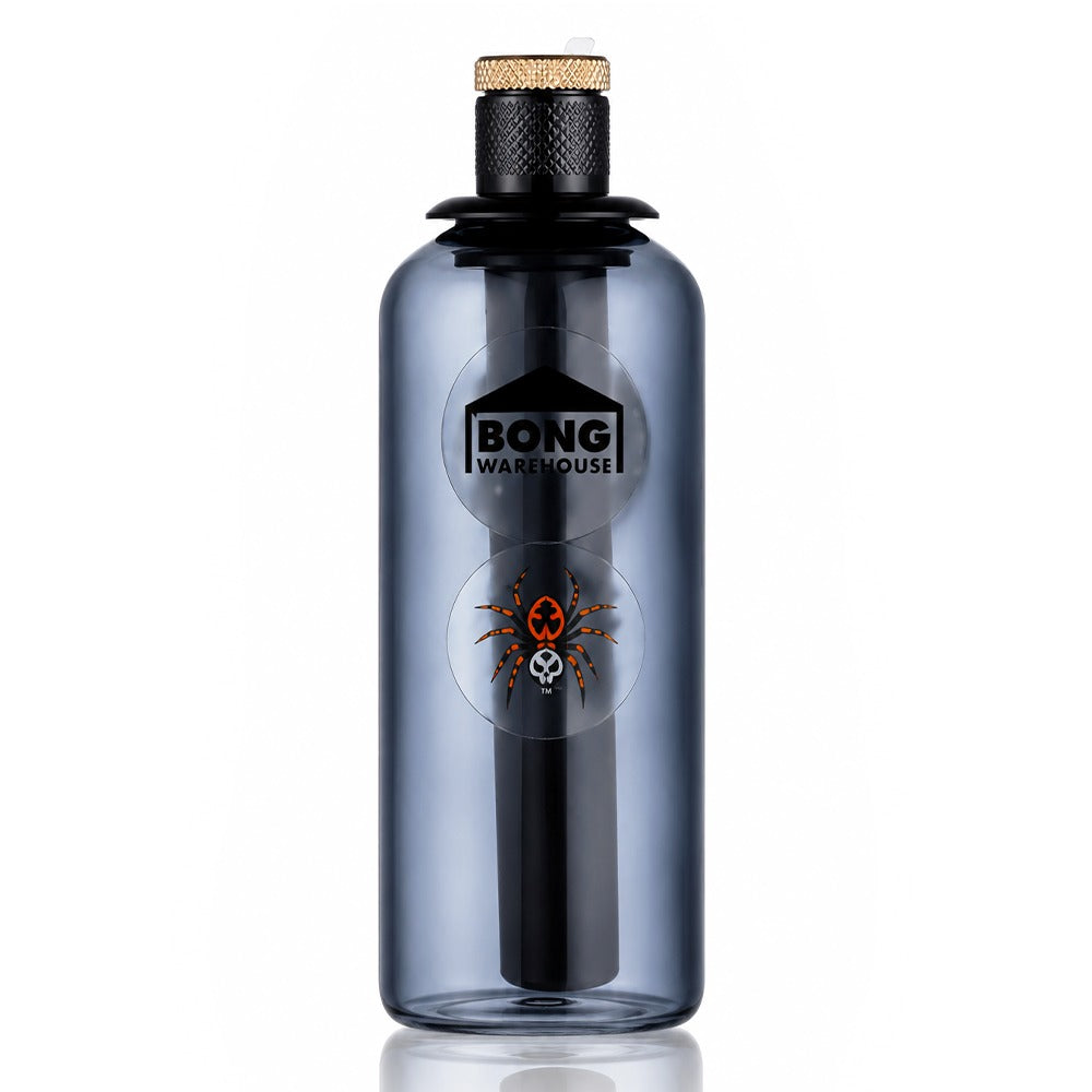 Bong Warehouse tube ash catcher in smoke grey glass with spider decal, front view