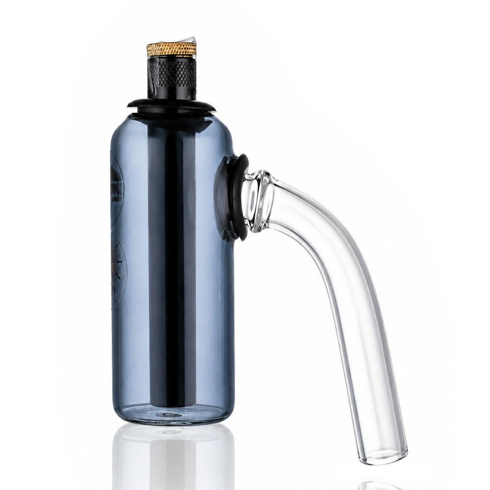 Neon grey glass tube ash catcher, side angled view